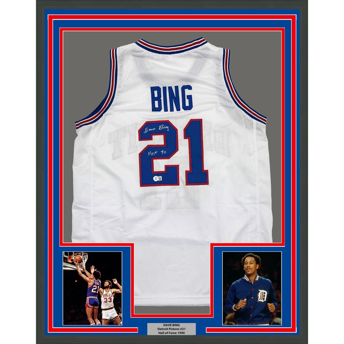 Framed Autographed Dave Bing HOF 90 Jersey Detroit Pistons BAS COA: Framed Autographed Dave Bing HOF 90 Jersey Detroit Pistons BAS COA This impressive framed autographed 35x39 inch white Detroit Pistons jersey is signed by NBA Hall of Famer Dave Bing, commemorating hi