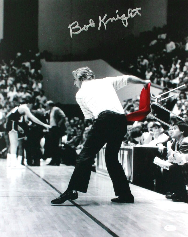 Bob Knight Signed 16x20 B&W Photo with Red Chair JSA Authenticated: Bob Knight Signed 16x20 B&W Photo with Red Chair JSA Authenticated This striking 16x20 black and white photograph captures the iconic Bob Knight seated in his distinctive red chair, a moment that evok