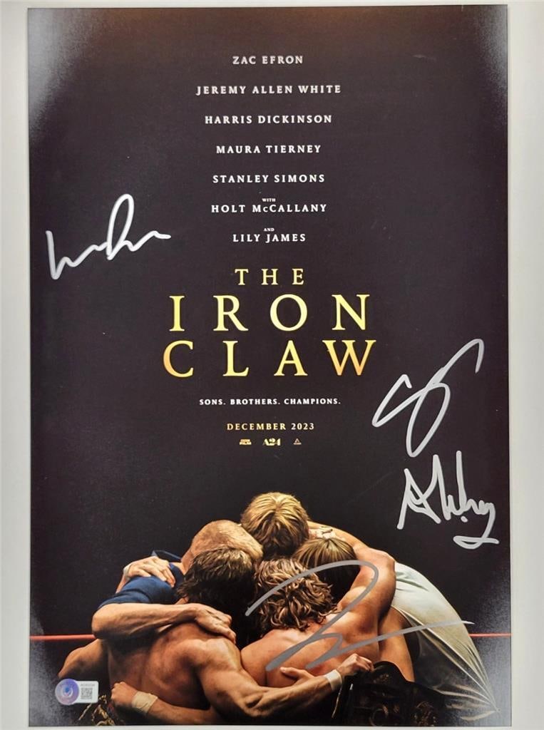 The Iron Claw Signed 12x18 Photo by White Simons Dickinson Durkin Beckett Authenticated: The Iron Claw Signed 12x18 Photo by White Simons Dickinson Durkin Beckett Authenticated This original 12x18 photograph features the cast of 'The Iron Claw,' signed by White, Simons, Dickinson, and Dur