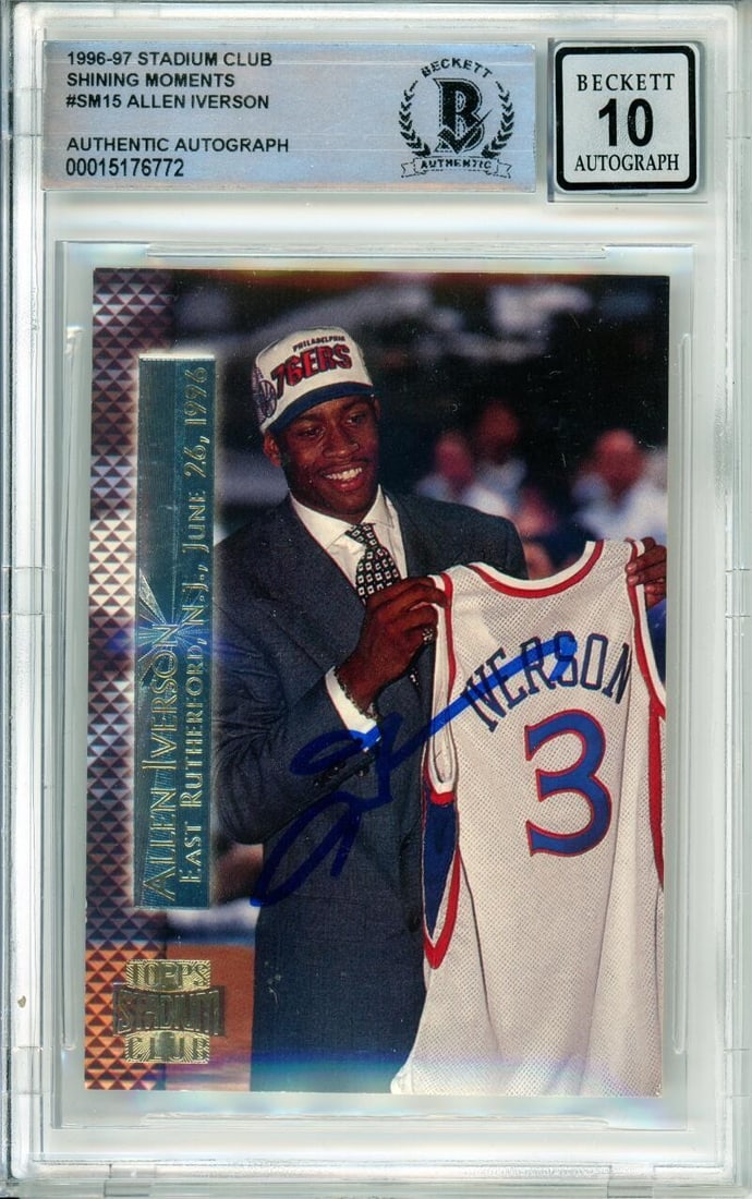 1996-97 Stadium Club Allen Iverson RC #SM15 Autographed BGS 10 76ers (1 of 2)