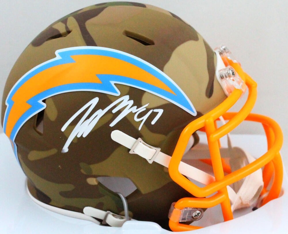 Joey Bosa Autographed LA Chargers Camo Mini Helmet Beckett Authenticated: Joey Bosa Autographed LA Chargers Camo Mini Helmet Beckett Authenticated This is an original mini helmet of Joey Bosa, featuring a camouflage design representing the Los Angeles Chargers. The helmet i