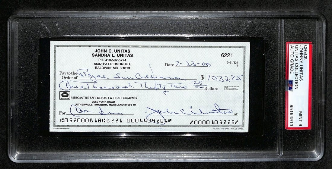 Johnny Unitas HOF Autographed 2000 Bank Check Colts PSA/DNA MINT 9: Johnny Unitas HOF Autographed 2000 Bank Check Colts PSA/DNA MINT 9 Offered is an original Johnny Unitas Hall of Fame signed/autographed 2000 bank check from the Baltimore Colts. This unique collectibl