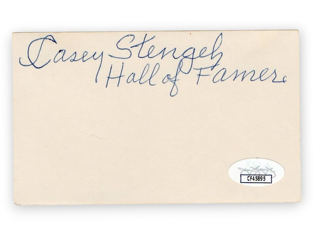 Casey Stengel Autographed 3X5 Index Card Yankees JSA Certified HOF (1 of 2)