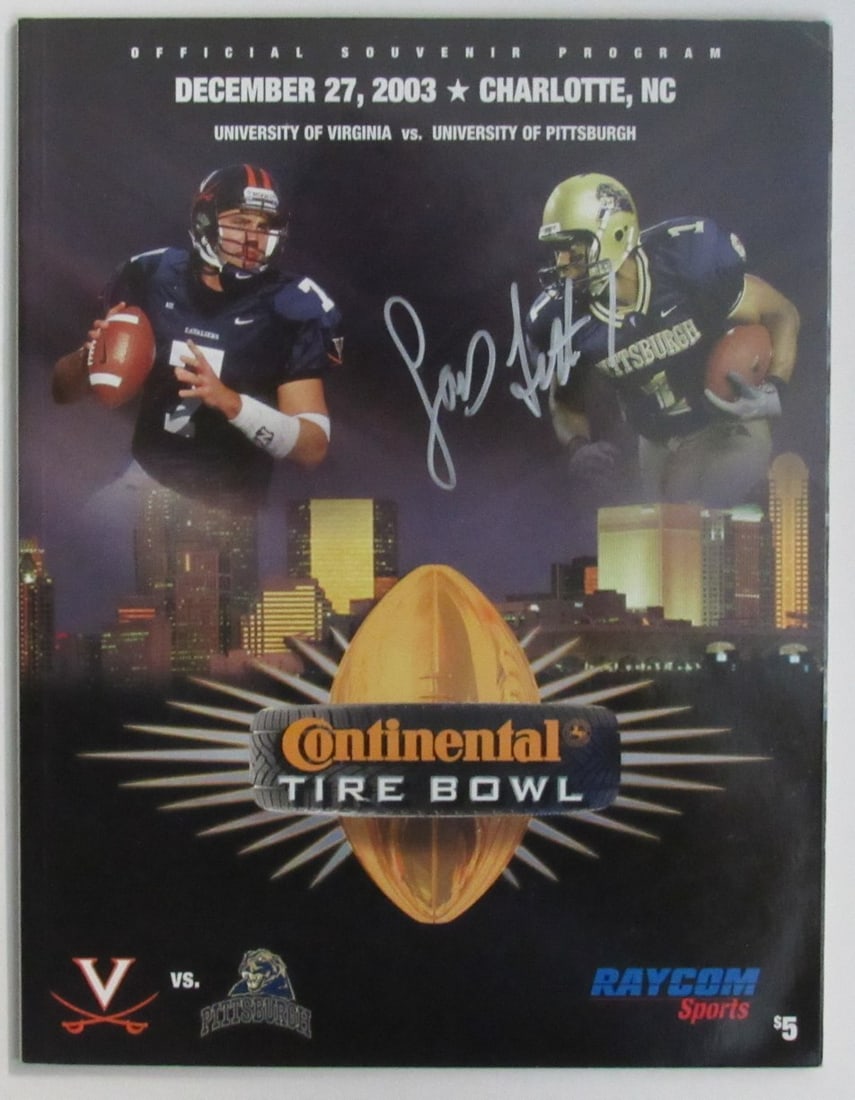Larry Fitzgerald Signed 2003 Continental Tire Bowl Program JSA Authenticated: Larry Fitzgerald Signed 2003 Continental Tire Bowl Program JSA Authenticated This is an original 2003 Continental Tire Bowl Program featuring the matchup between Pitt and Virginia, signed by NFL star