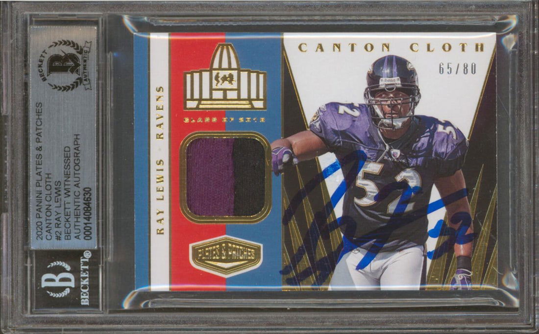 Ray Lewis Autographed 2020 Panini Canton Cloth #2 65/80 Card Beckett Slabbed (1 of 2)