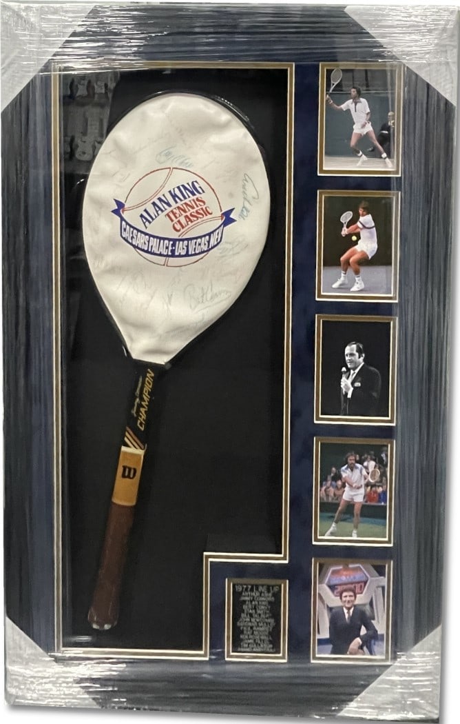 1977 Autographed Tennis Racket Cover Ashe Connors Newcombe JSA: 1977 Autographed Tennis Racket Cover Ashe Connors Newcombe JSA This original 1977 Line Up signed tennis racket cover features the autographs of legendary players including Arthur Ashe, Jimmy Connors,