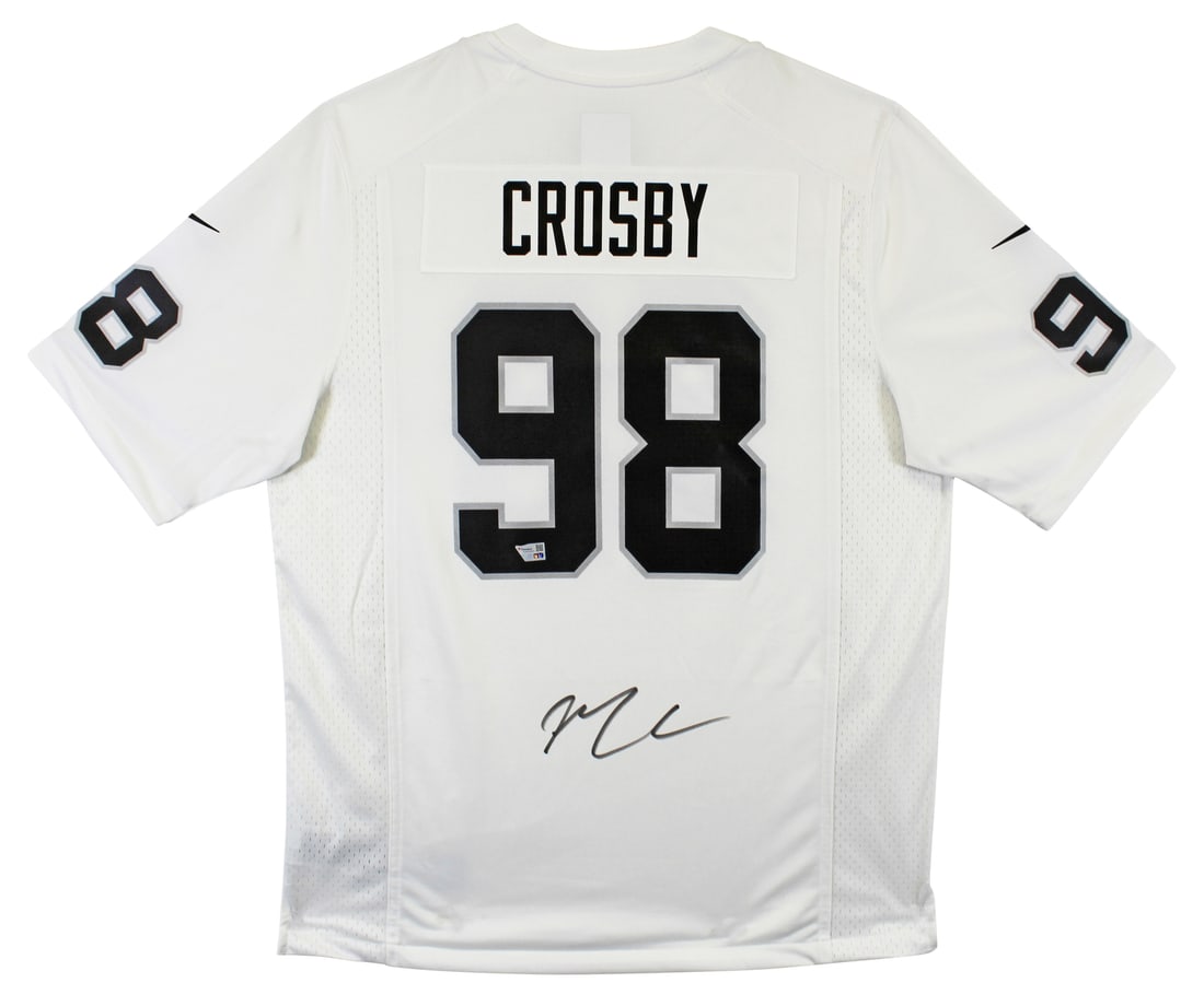 Maxx Crosby Autographed White Nike Game Jersey Las Vegas Raiders Authentic: Maxx Crosby Autographed White Nike Game Jersey Las Vegas Raiders Authentic This authentic white Nike game jersey has been personally signed by Maxx Crosby, a standout player for the Las Vegas Raiders.