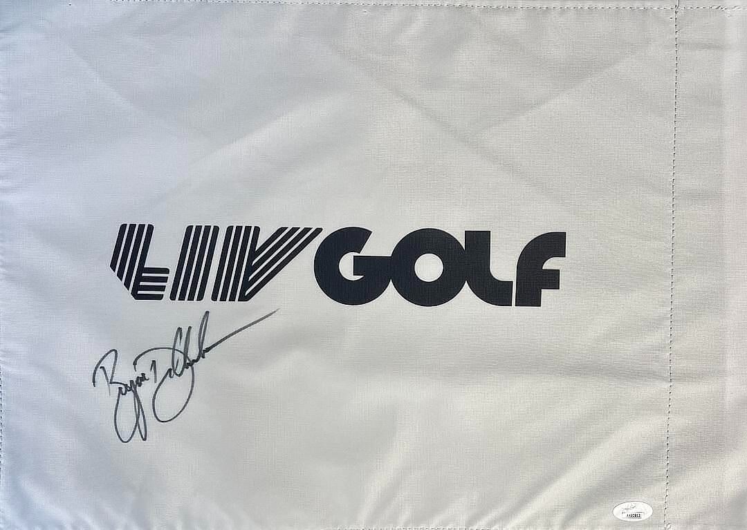 Bryson DeChambeau Signed LIV Golf Pin Flag JSA AK80813: Bryson DeChambeau Signed LIV Golf Pin Flag JSA AK80813 This is an official LIV Golf pin flag signed by PGA/LIV star Bryson DeChambeau. The autograph has been authenticated by James Spence Authenticati