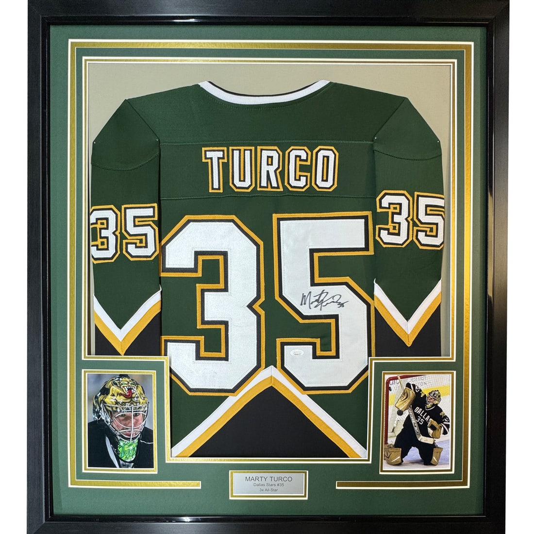 Framed Autographed Marty Turco Dallas Stars Jersey with JSA COA 35x39: Framed Autographed Marty Turco Dallas Stars Jersey with JSA COA 35x39 Celebrate the legacy of NHL goaltender Marty Turco with this professionally framed and autographed Dallas Stars green hockey jerse