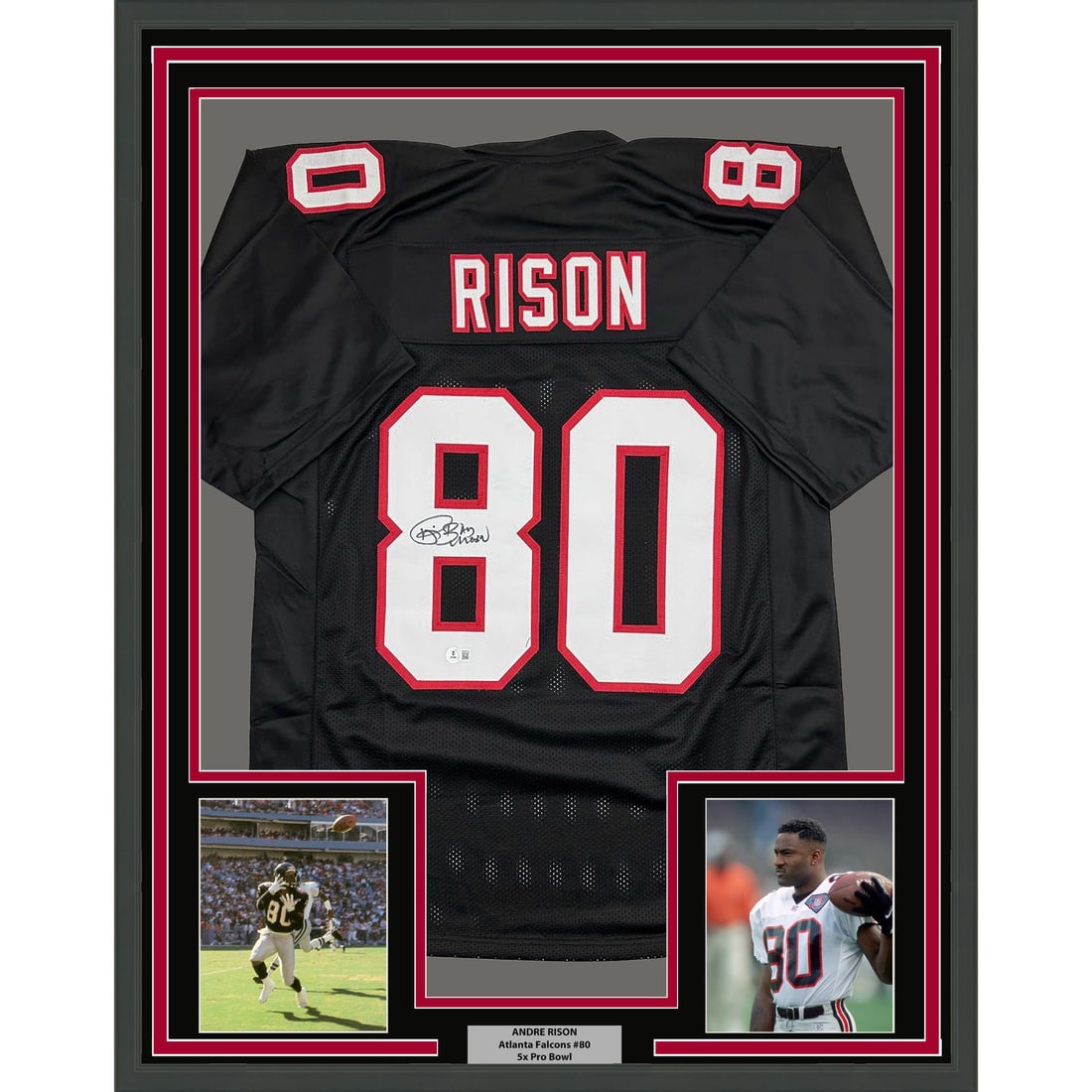 Andre Rison Signed Atlanta Jersey Framed 35x39 With Beckett COA: Andre Rison Signed Atlanta Jersey Framed 35x39 With Beckett COA This professionally framed Atlanta Falcons jersey features an authentic autograph from Andre Rison. The display includes two 5x7 photogr