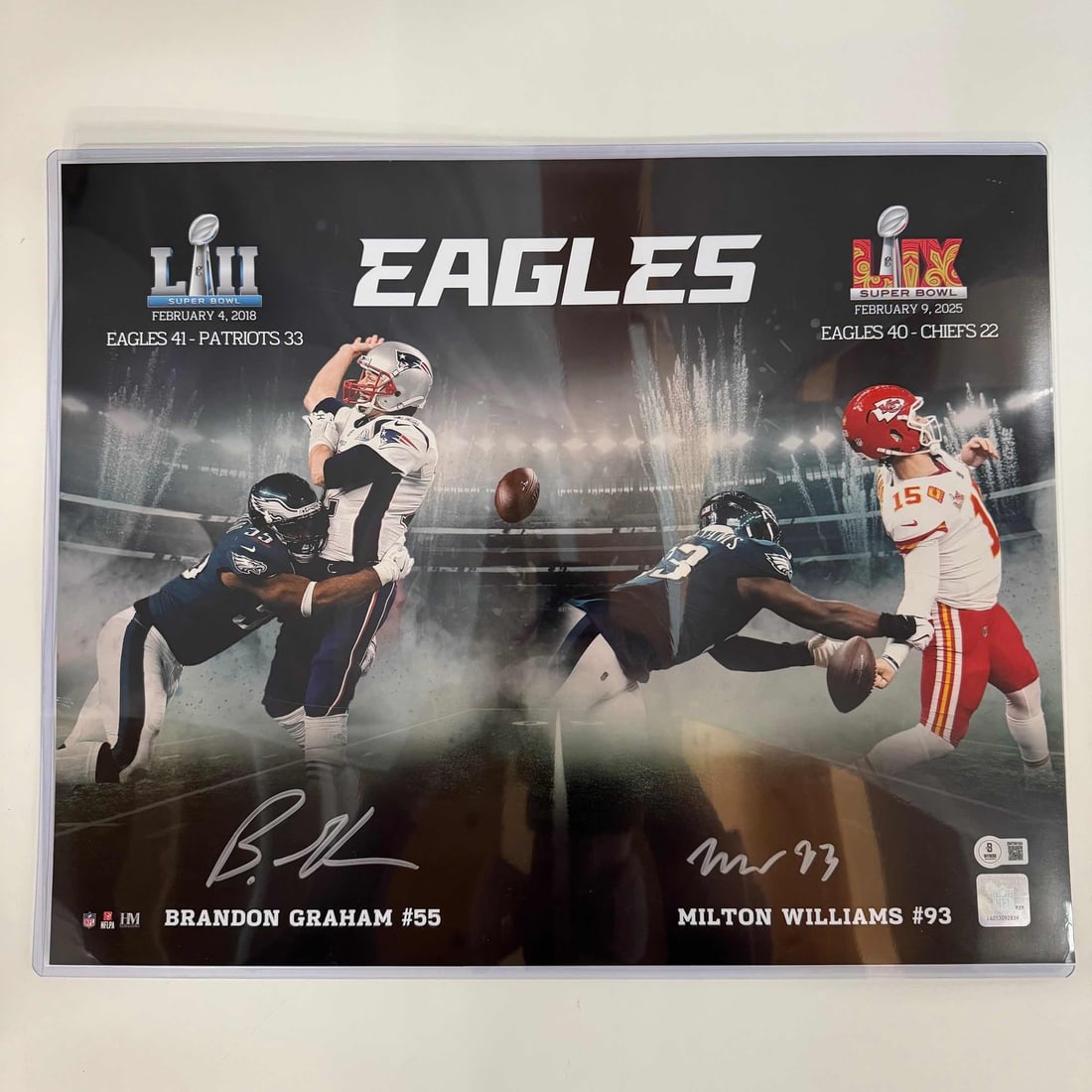 Autographed 16x20 Eagles Photo Brandon Graham Milton Williams BAS COA: Autographed 16x20 Eagles Photo Brandon Graham Milton Williams BAS COA This original 16x20 photo features the autographs of Philadelphia Eagles players Brandon Graham and Milton Williams. The photo is