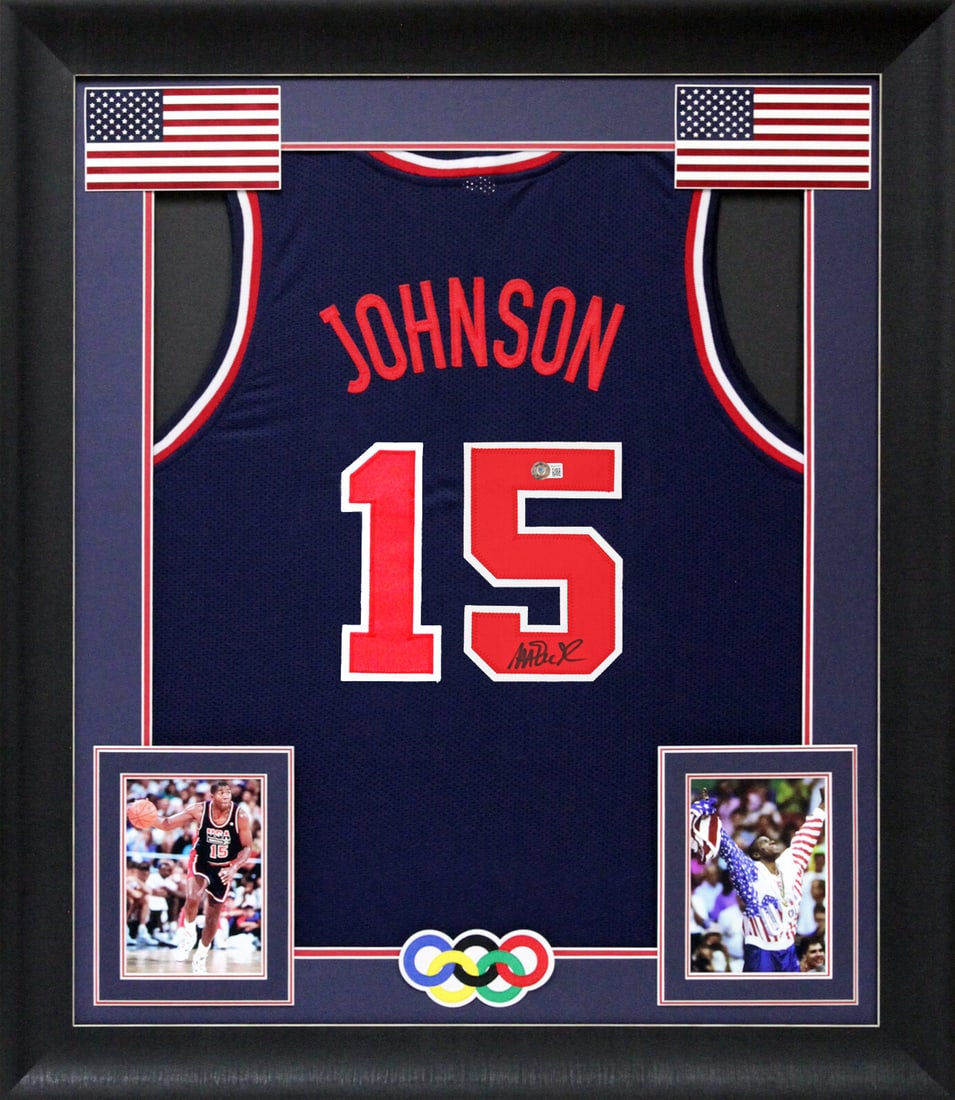 Magic Johnson Signed Team USA Framed Jersey BAS Witnessed 32 x 37 (1 of 1)
