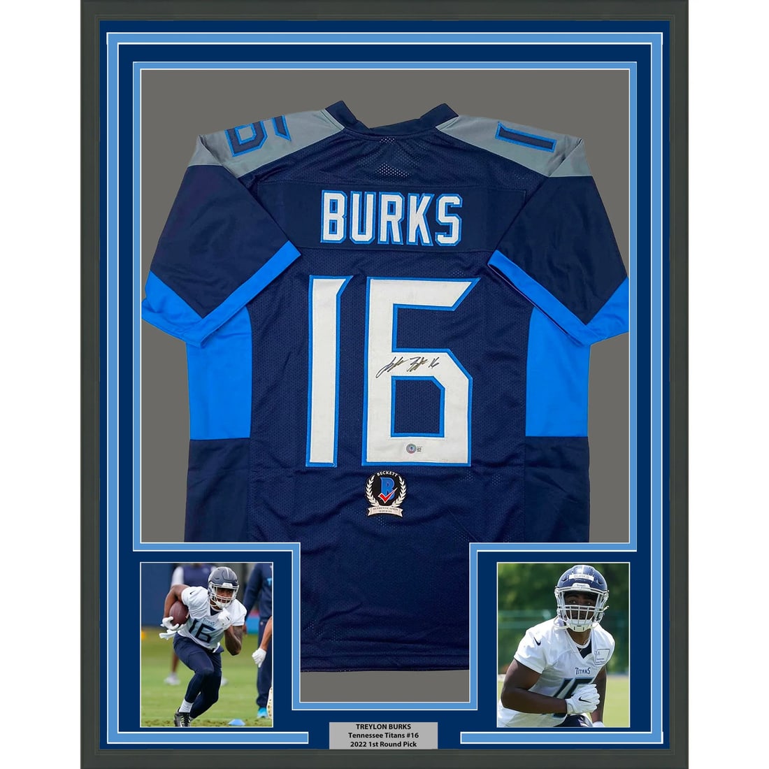 Framed Treylon Burks Signed Jersey with Beckett BAS COA 33x42: Framed Treylon Burks Signed Jersey with Beckett BAS COA 33x42 Celebrate your fandom with this professionally framed and autographed Treylon Burks jersey, showcasing the Tennessee Titans. Measuring 33"