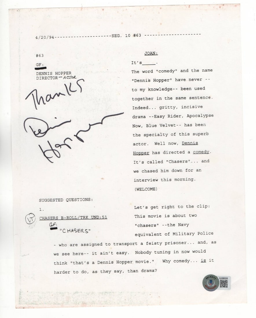 Dennis Hopper Signed Script Page Chasers Interview Beckett Authenticated (1 of 2)