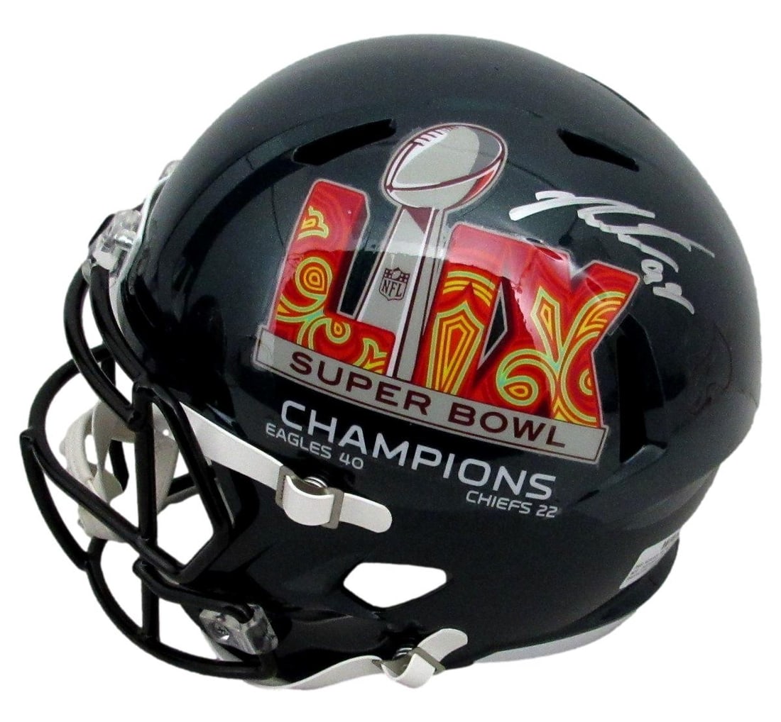 Jalen Carter Autographed Green Speed Full Size Helmet Eagles BAS: Jalen Carter Autographed Green Speed Full Size Helmet Eagles BAS This is a Jalen Carter signed green Speed full-size replica helmet commemorating the Super Bowl LIX Championship, representing the Phil