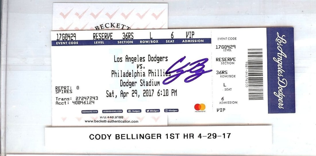 Cody Bellinger Signed Ticket Stub 1st HR 4/29/17 Beckett Authenticated: Cody Bellinger Signed Ticket Stub 1st HR 4/29/17 Beckett Authenticated Celebrate a remarkable moment in baseball history with this autographed ticket stub from Cody Bellinger, commemorating his 1st ca