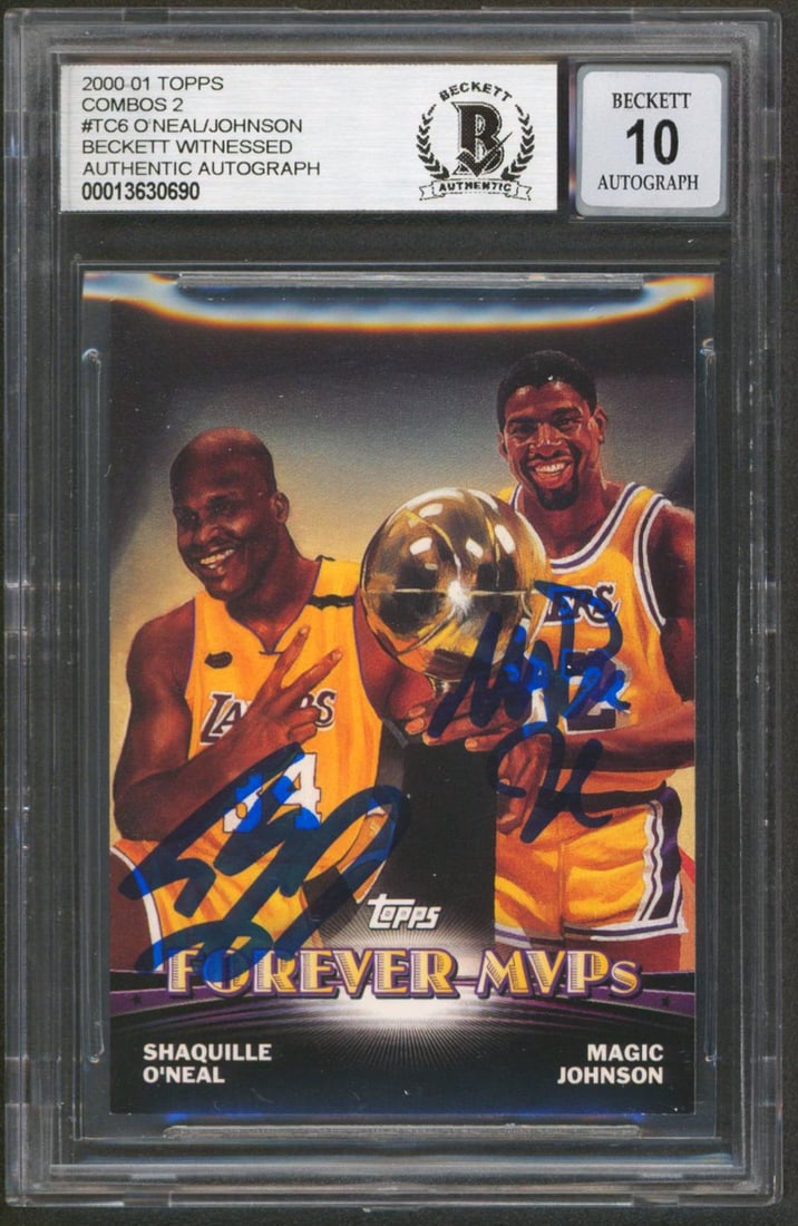 Shaquille O'Neal Magic Johnson Signed 2000 Topps #TC6 Gem Mint 10 BAS: Shaquille O'Neal Magic Johnson Signed 2000 Topps #TC6 Gem Mint 10 BAS This remarkable 2000 Topps #TC6 card features the legendary signatures of Shaquille O'Neal and Magic Johnson, graded Gem Mint 10 b