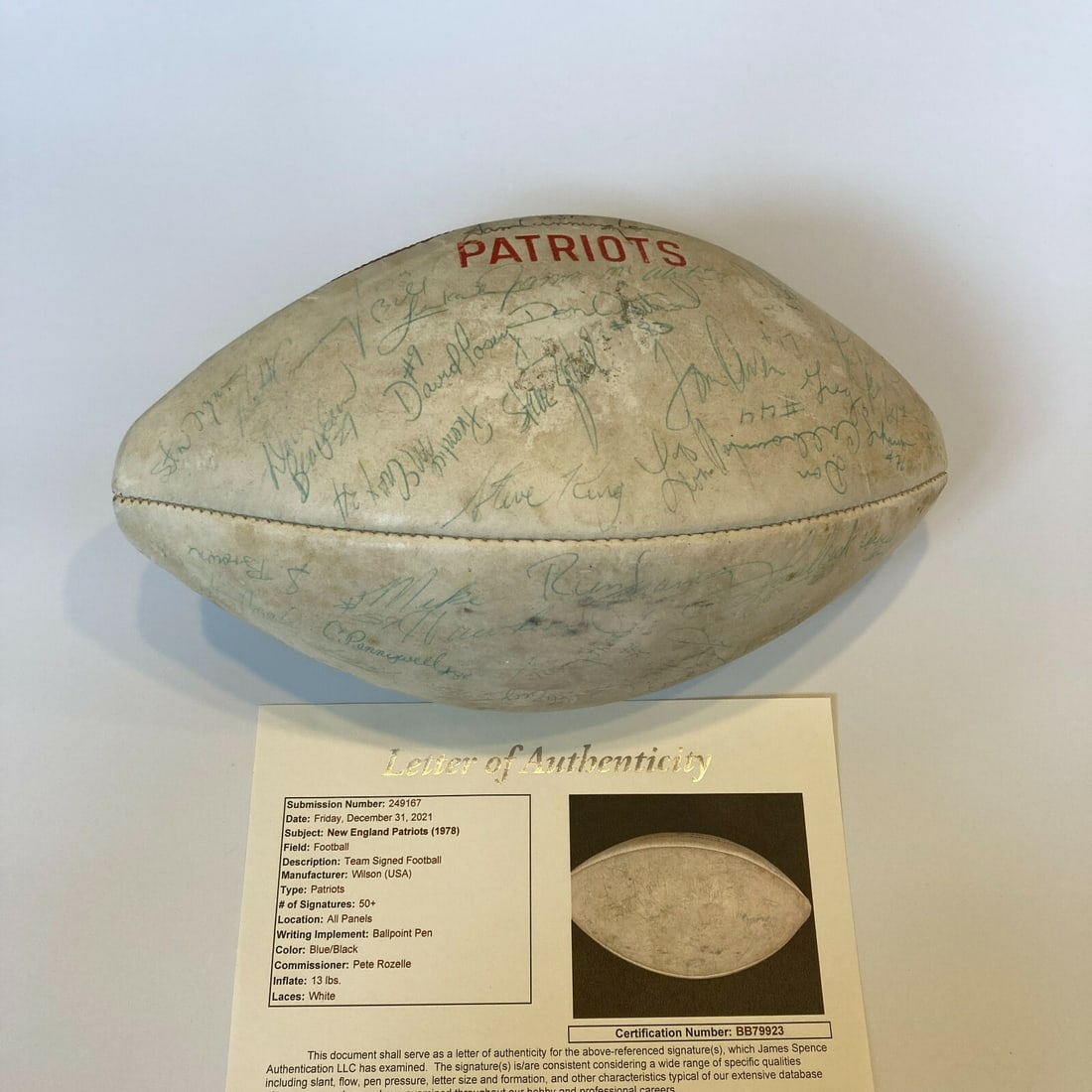 1978 New England Patriots Signed NFL Wilson Football 50+ Sigs JSA COA: 1978 New England Patriots Signed NFL Wilson Football 50+ Sigs JSA COA This is a rare 1978 New England Patriots team-signed NFL Wilson football featuring over 50 signatures from the team members, authe