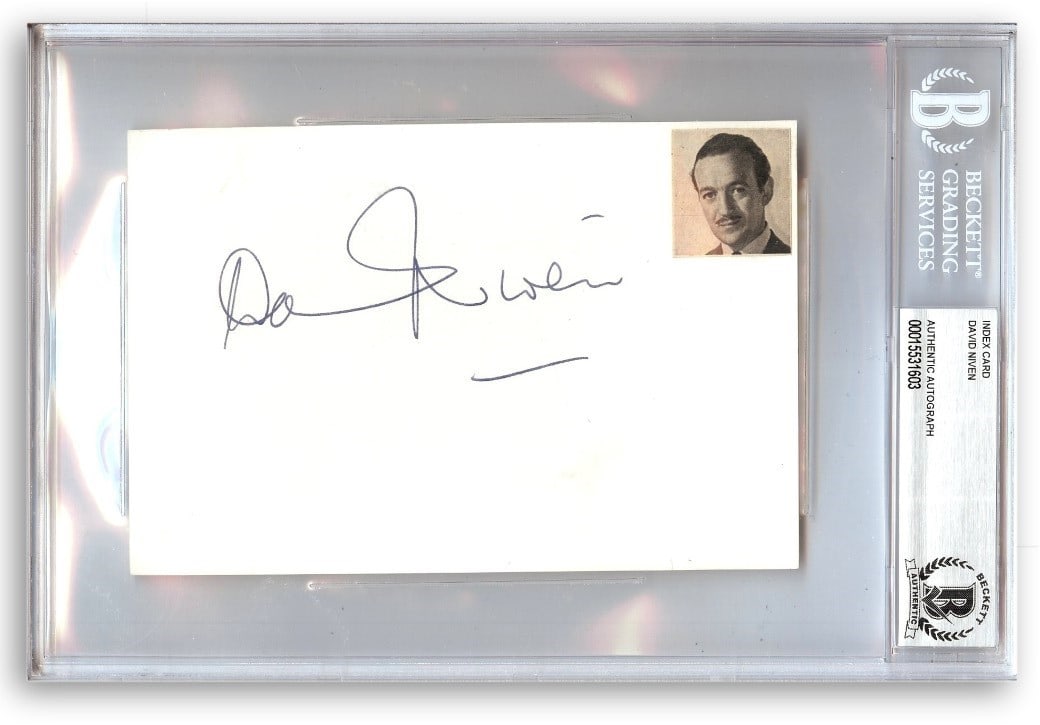 David Niven Autographed Index Card Beckett Authentic 6 x 9: David Niven Autographed Index Card Beckett Authentic 6 x 9 This is an original autographed index card of the renowned actor David Niven, known for his role in 'Separate Tables.' The card is authentica