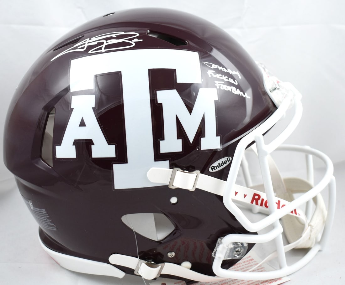 Johnny Manziel Signed Texas A&M Full Size Authentic Helmet Beckett Hologram: Johnny Manziel Signed Texas A&M Full Size Authentic Helmet Beckett Hologram This authentic full-size Texas A&M helmet is signed by Johnny Manziel, the renowned football player known for his dynamic pl