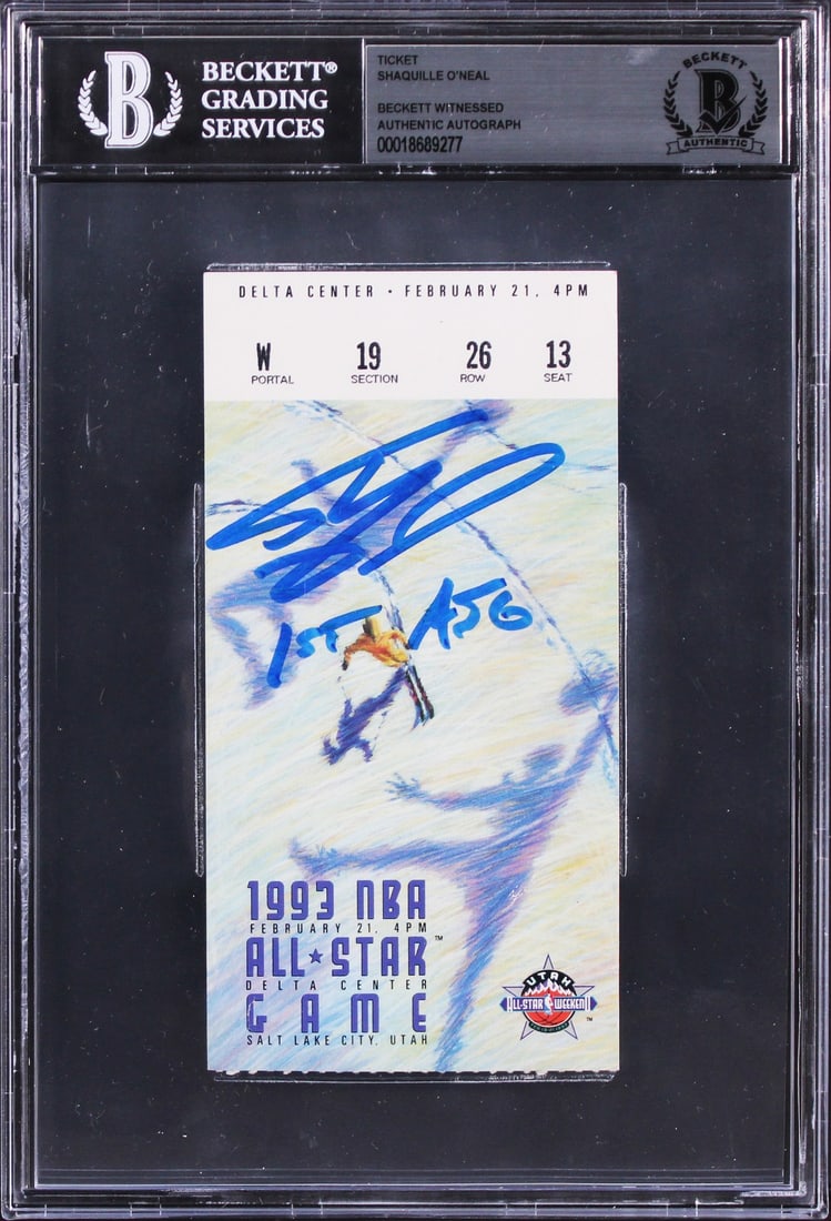 Shaquille O'Neal Signed 1993 All Star Game Ticket Stub BAS Slabbed: Shaquille O'Neal Signed 1993 All Star Game Ticket Stub BAS Slabbed Celebrate basketball history with this authentic ticket stub from Shaquille O'Neal's first NBA All-Star Game on February 21, 1993. Pe