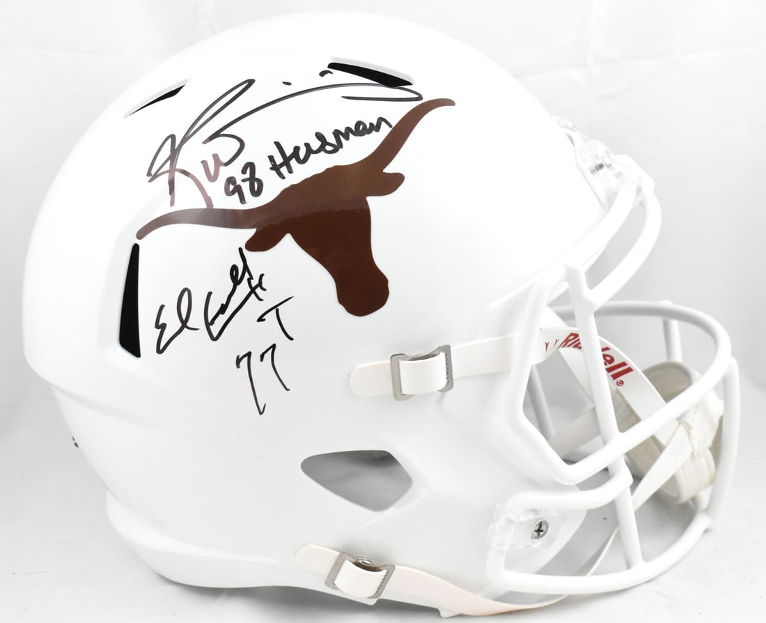 Earl Campbell Ricky Williams Signed Texas Longhorns Speed Helmet Beckett: Earl Campbell Ricky Williams Signed Texas Longhorns Speed Helmet Beckett This Texas Longhorns full-size speed helmet is a remarkable collectible, signed by two legendary players: Earl Campbell and Ric