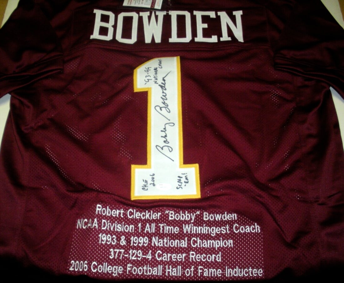 Bobby Bowden Signed Miami Dolphins Jersey JSA COA Original: Bobby Bowden Signed Miami Dolphins Jersey JSA COA Original This authentic Miami Dolphins jersey is a remarkable collectible, signed by Bobby Bowden, a legendary figure in football. The jersey is an or