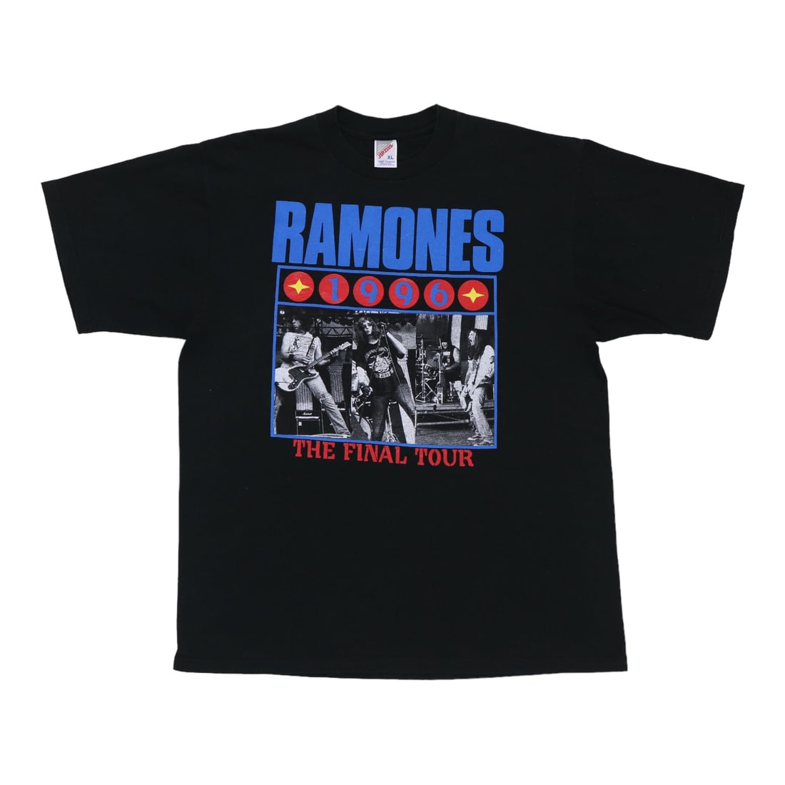 Vintage 1996 Ramones Adios Amigos Concert Tour Black Cotton T-Shirt XL: Vintage 1996 Ramones Adios Amigos Concert Tour Black Cotton T-Shirt XL This is an original vintage 1996 Ramones Adios Amigos Tour shirt, featuring graphics on both the front and back. The shirt is mad