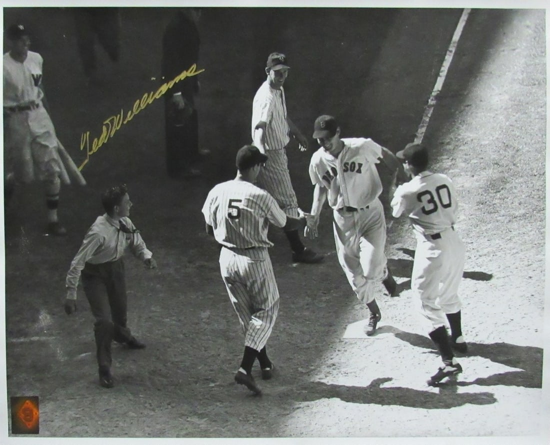 Ted Williams HOF Autographed 16x20 Photo Boston Red Sox with Green Diamond Hologram: Ted Williams HOF Autographed 16x20 Photo Boston Red Sox with Green Diamond Hologram This is an original signed 16x20 black and white photo of Ted Williams, the legendary Hall of Fame player of the Bos