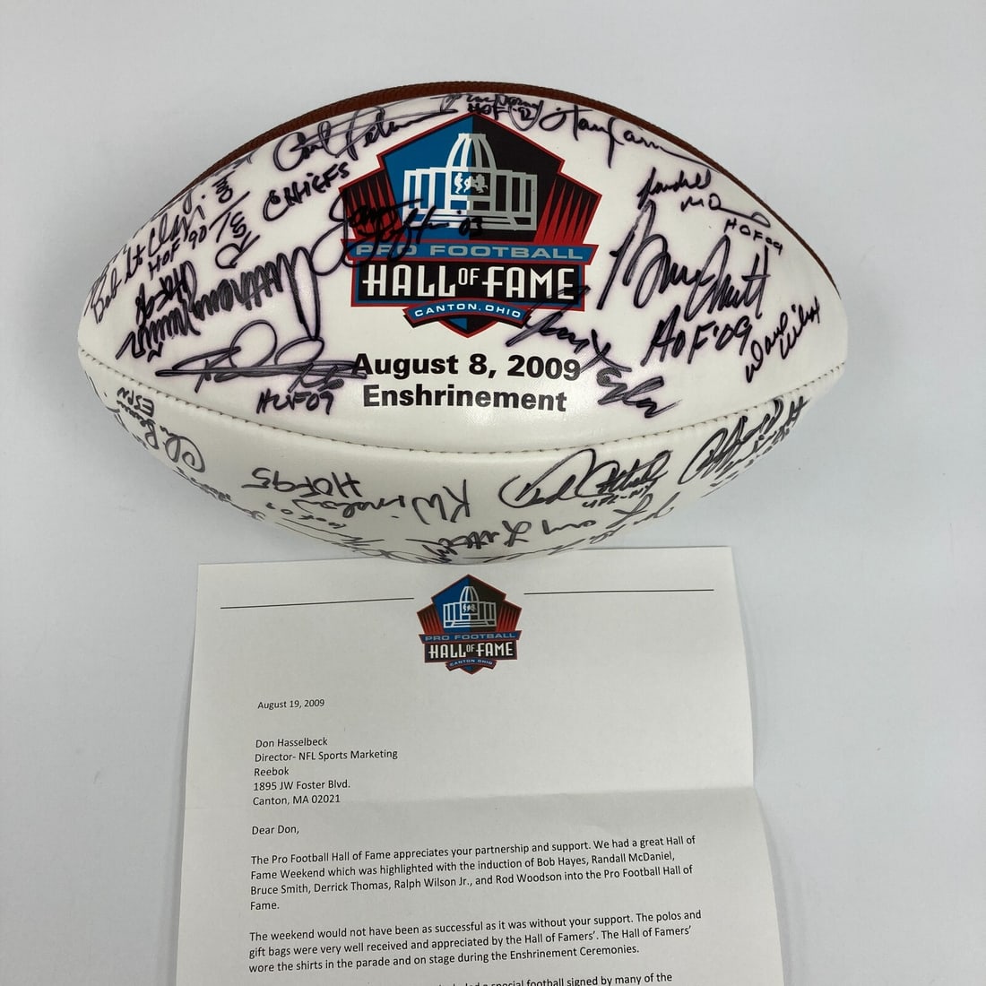 Rod Woodson 2009 Hall of Fame Signed Football with 43 Signatures: Rod Woodson 2009 Hall of Fame Signed Football with 43 Signatures Celebrate the legacy of football with this official NFL Wilson "The Duke" football, personally gifted to Don Hasselbeck, a veteran who