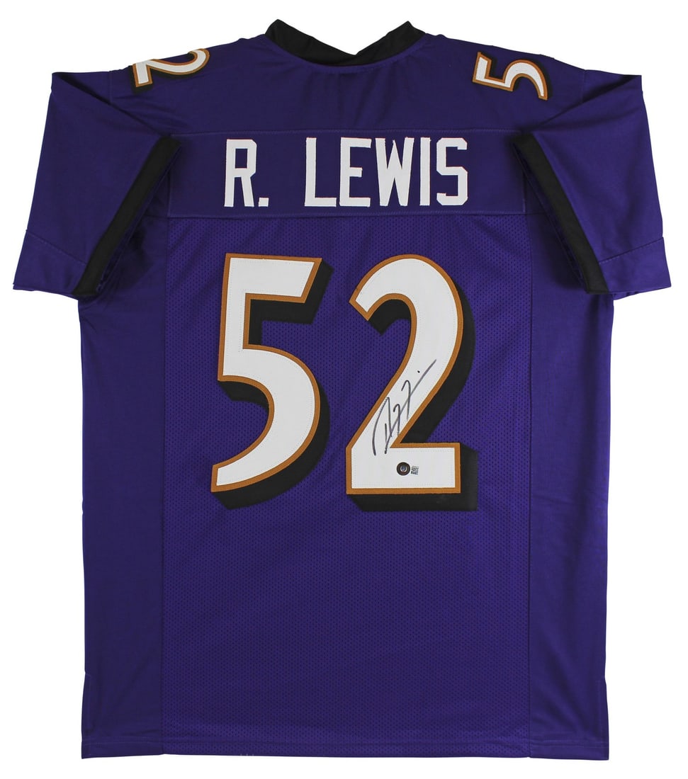 Ray Lewis Signed Purple Pro Style Jersey BAS Authenticated Baltimore Ravens: Ray Lewis Signed Purple Pro Style Jersey BAS Authenticated Baltimore Ravens This authentic Purple Pro Style Jersey has been personally signed by Ray Lewis, legendary linebacker of the Baltimore Ravens