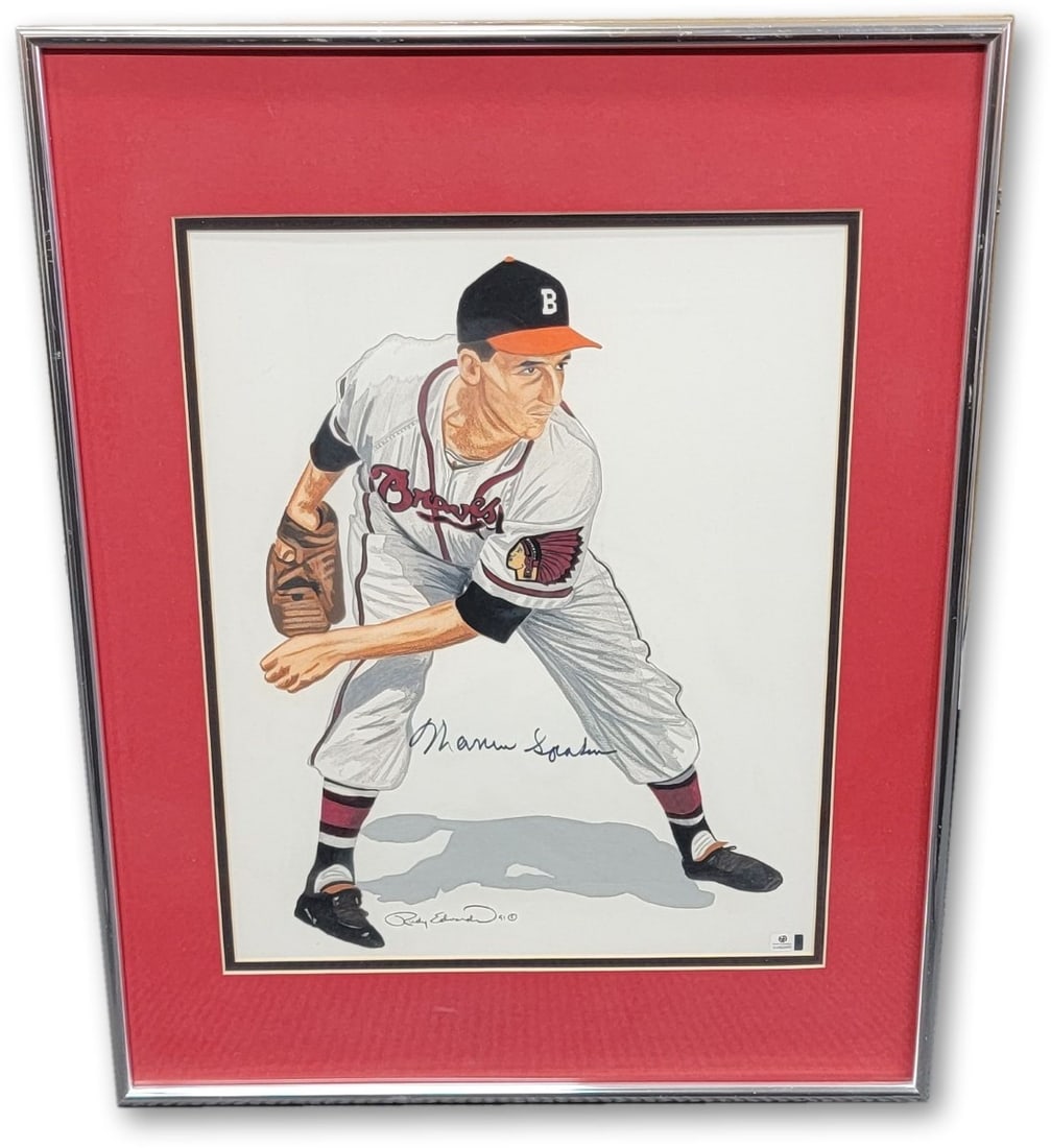 Warren Spahn Autographed Framed Lithograph Boston Braves GAI Certified (1 of 3)