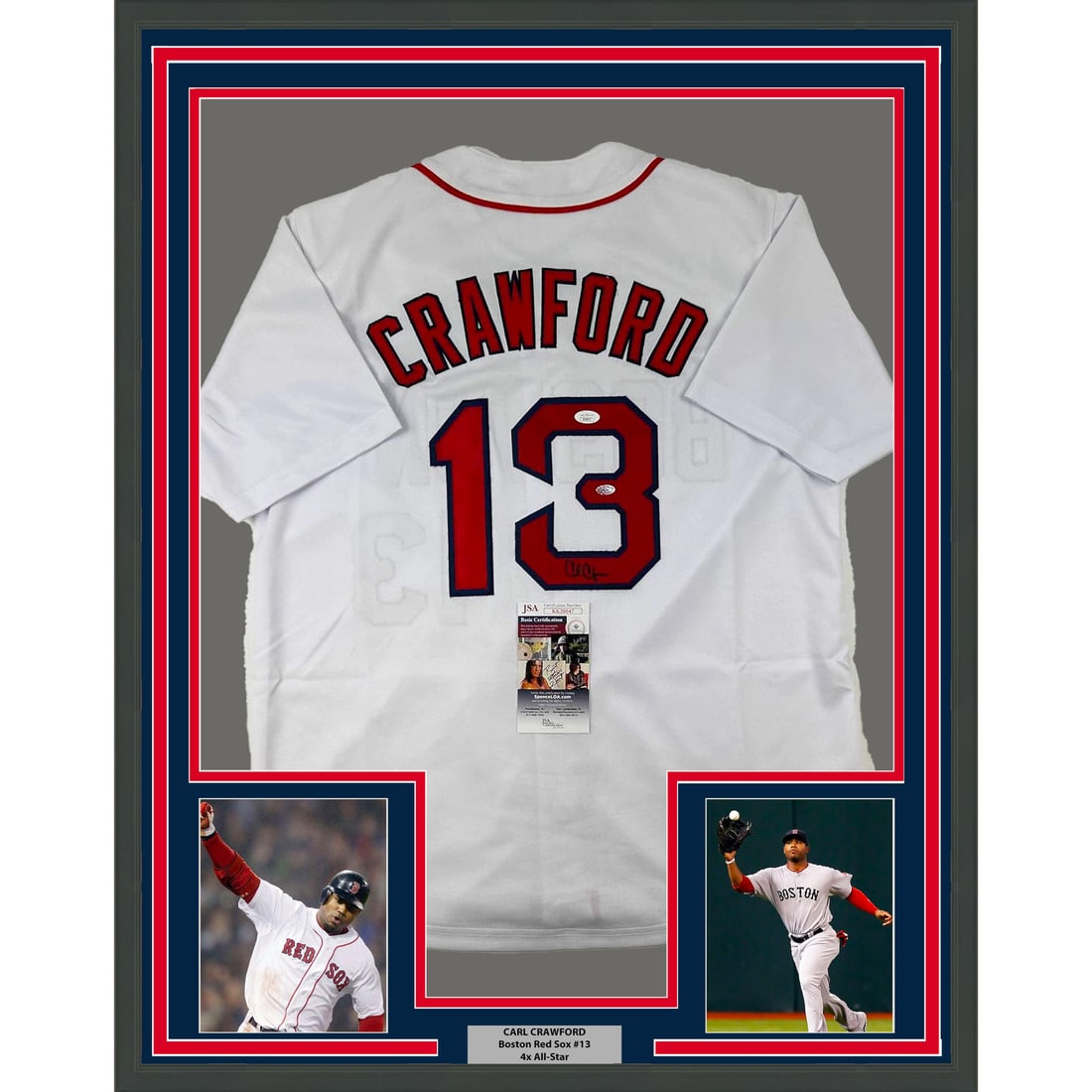 Framed Carl Crawford Signed Jersey Boston Red Sox JSA COA: Framed Carl Crawford Signed Jersey Boston Red Sox JSA COA This professionally framed and autographed jersey features Carl Crawford, a notable player from the Boston Red Sox. The jersey is authenticate