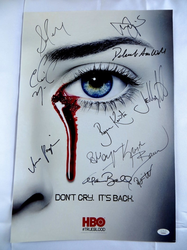 True Blood Cast Signed 13X20 Poster with 10 Autographs JSA Authenticated: True Blood Cast Signed 13X20 Poster with 10 Autographs JSA Authenticated Celebrate the iconic TV series with this authentic 13x20 poster signed by the cast of True Blood. This unique item features aut