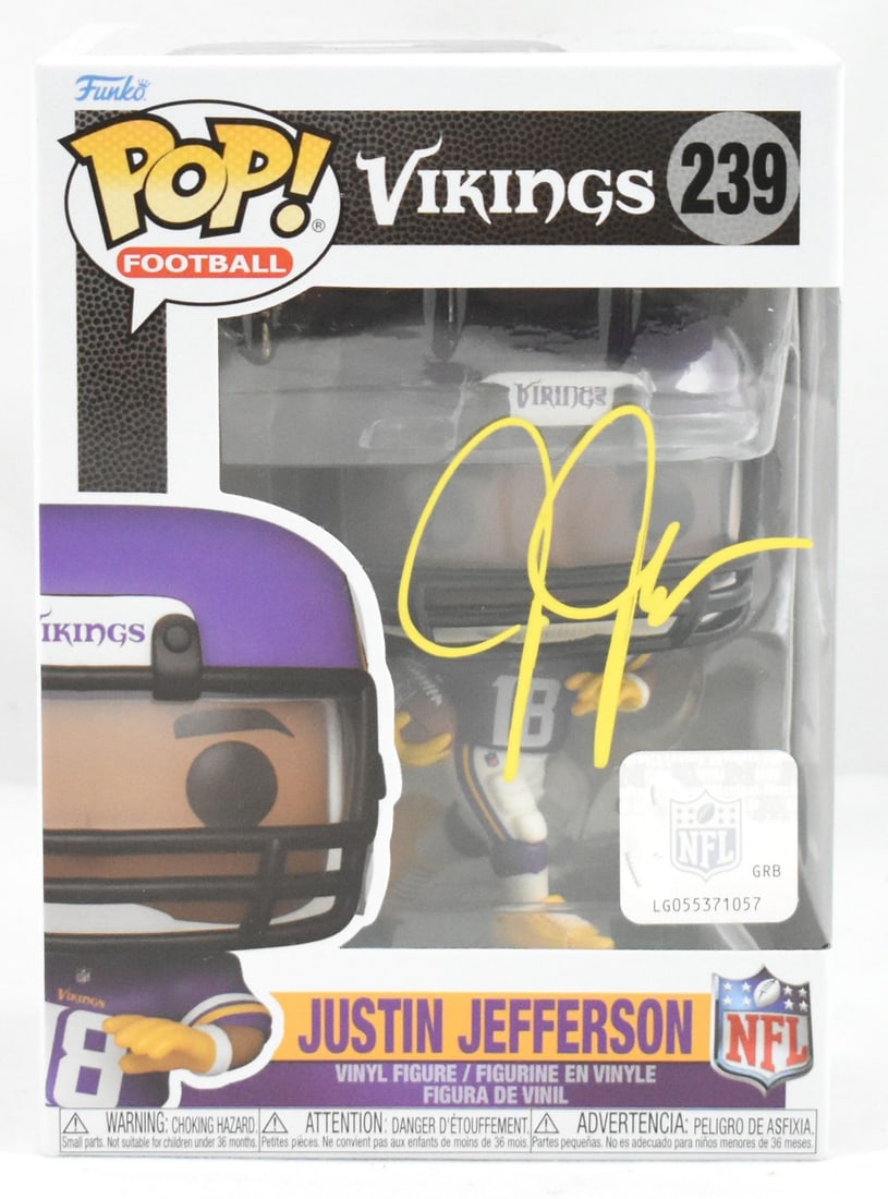Justin Jefferson Signed Funko Pop #239 Minnesota Vikings Beckett Authenticated: Justin Jefferson Signed Funko Pop #239 Minnesota Vikings Beckett Authenticated This collectible Funko Pop! figure features Justin Jefferson, the standout wide receiver for the Minnesota Vikings. Autog