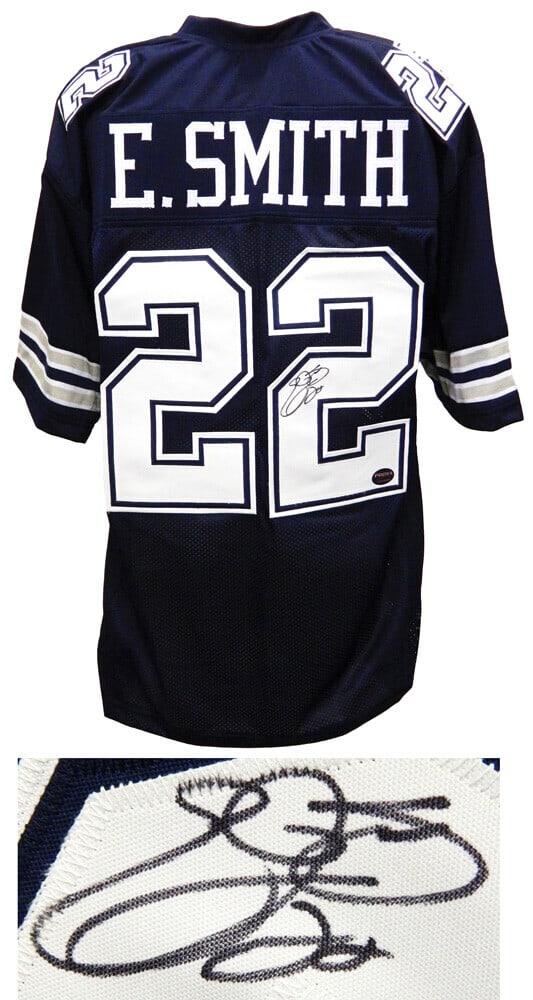 Emmitt Smith Signed Dallas Cowboys Jersey with Prova Hologram: Emmitt Smith Signed Dallas Cowboys Jersey with Prova Hologram Celebrate the legacy of Emmitt Smith with this original signed navy football jersey from the Dallas Cowboys. This jersey is a size XL and