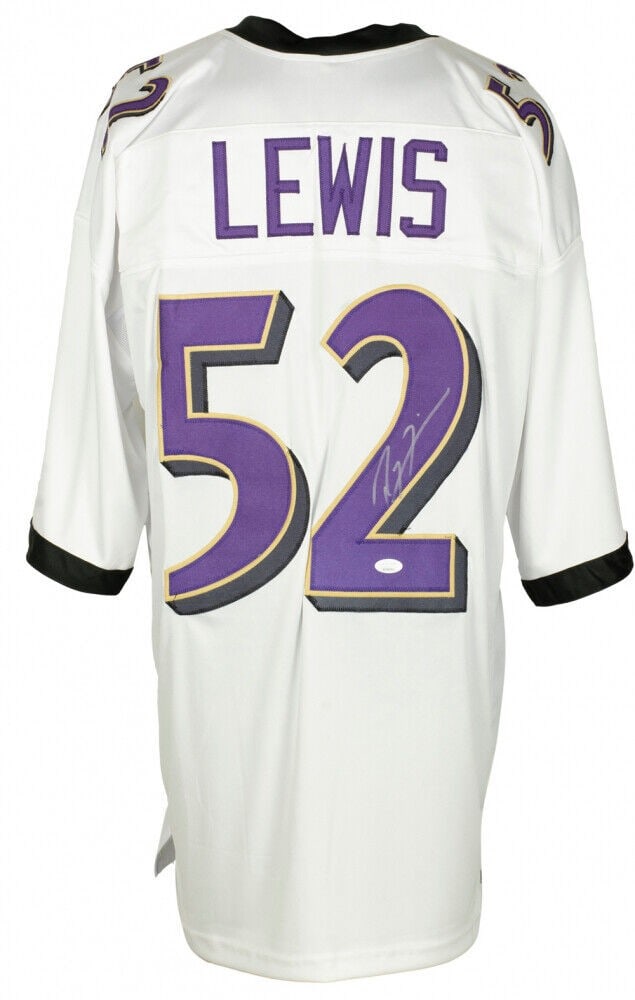 Baltimore Ravens Custom White Jersey Signed by Ray Lewis BAS Authenticated: Baltimore Ravens Custom White Jersey Signed by Ray Lewis BAS Authenticated This is a Ray Lewis autographed Baltimore Ravens custom white football jersey. The jersey has been signed by Ray Lewis and is