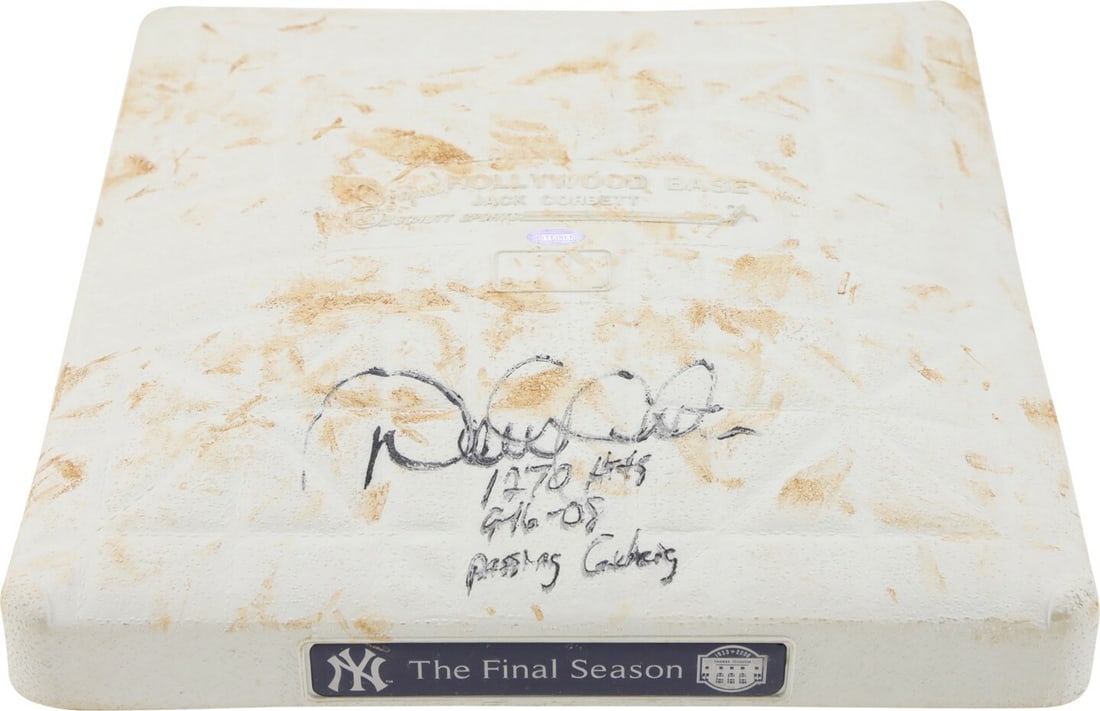 Derek Jeter Signed Game Used Base with 1270 Hits Inscription Steiner LOA: Derek Jeter Signed Game Used Base with 1270 Hits Inscription Steiner LOA This signed game-used baseball base commemorates a historic moment in MLB history. On September 16, 2008, Derek Jeter surpassed