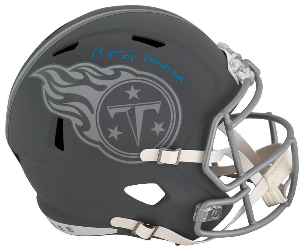 Chris Johnson Signed Titans Riddell Full Size Helmet with Inscription: Chris Johnson Signed Titans Riddell Full Size Helmet with Inscription This impressive Tennessee Titans Slate Riddell full-size speed replica helmet is signed by Chris Johnson, a celebrated NFL player.