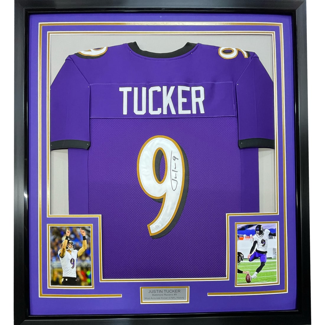 Framed Autographed Justin Tucker Baltimore Ravens Jersey JSA COA: Framed Autographed Justin Tucker Baltimore Ravens Jersey JSA COA Celebrate your passion for football with this professionally framed and matted Justin Tucker signed jersey. Measuring 35x39 inches, thi