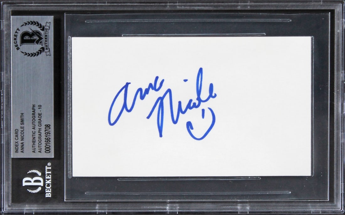 Anna Nicole Smith Playmate Gem Mint 10 Signed 3x5 Index Card BAS Slab: Anna Nicole Smith Playmate Gem Mint 10 Signed 3x5 Index Card BAS Slab This is a signed 3x5 index card featuring the autograph of Anna Nicole Smith, renowned Playmate. This item has been graded as Gem