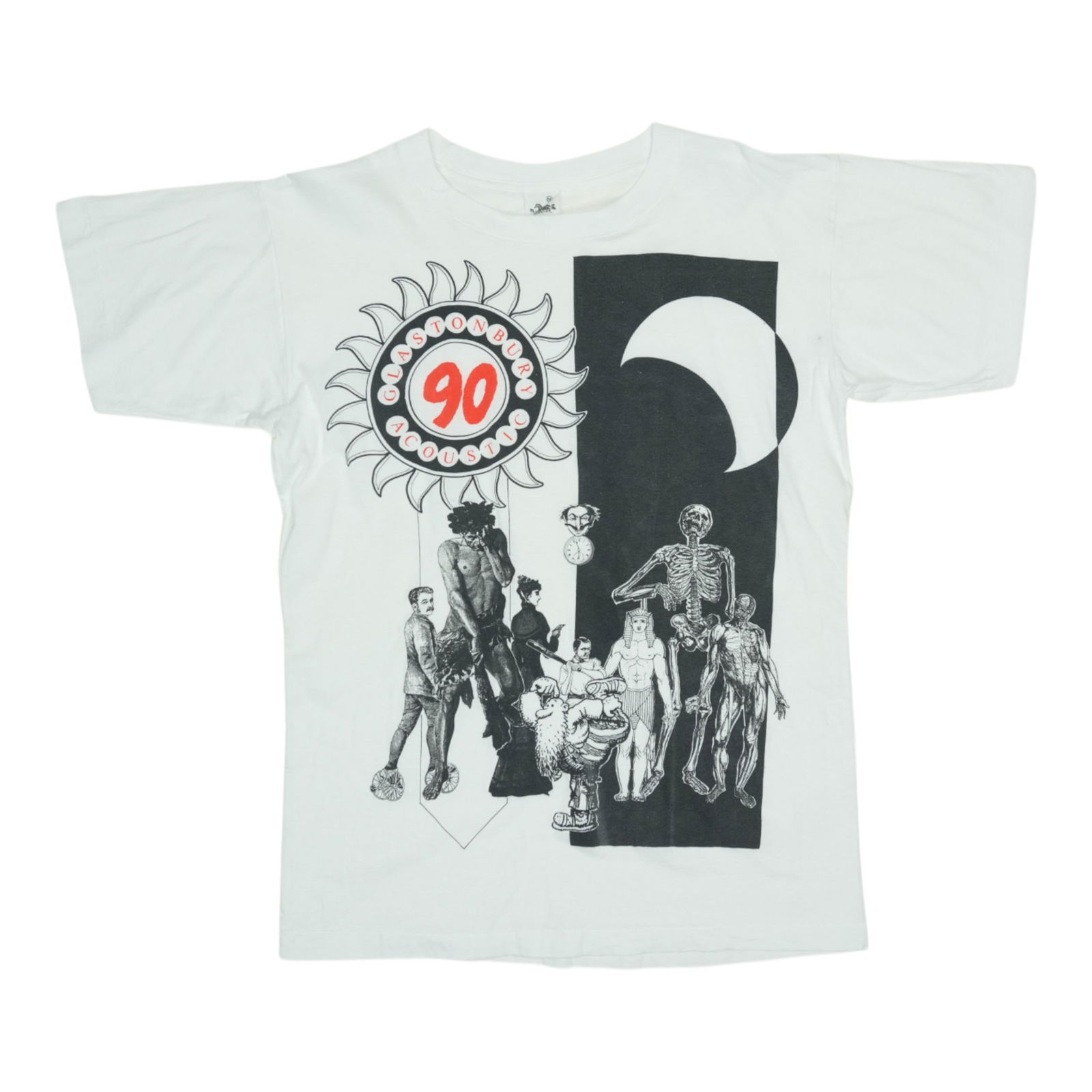 Vintage 1990 Glastonbury Festival White Cotton T-Shirt Medium: Vintage 1990 Glastonbury Festival White Cotton T-Shirt Medium This is an original vintage 1990 Glastonbury Music Festival shirt, not a modern reproduction. The shirt features no back graphics and is m