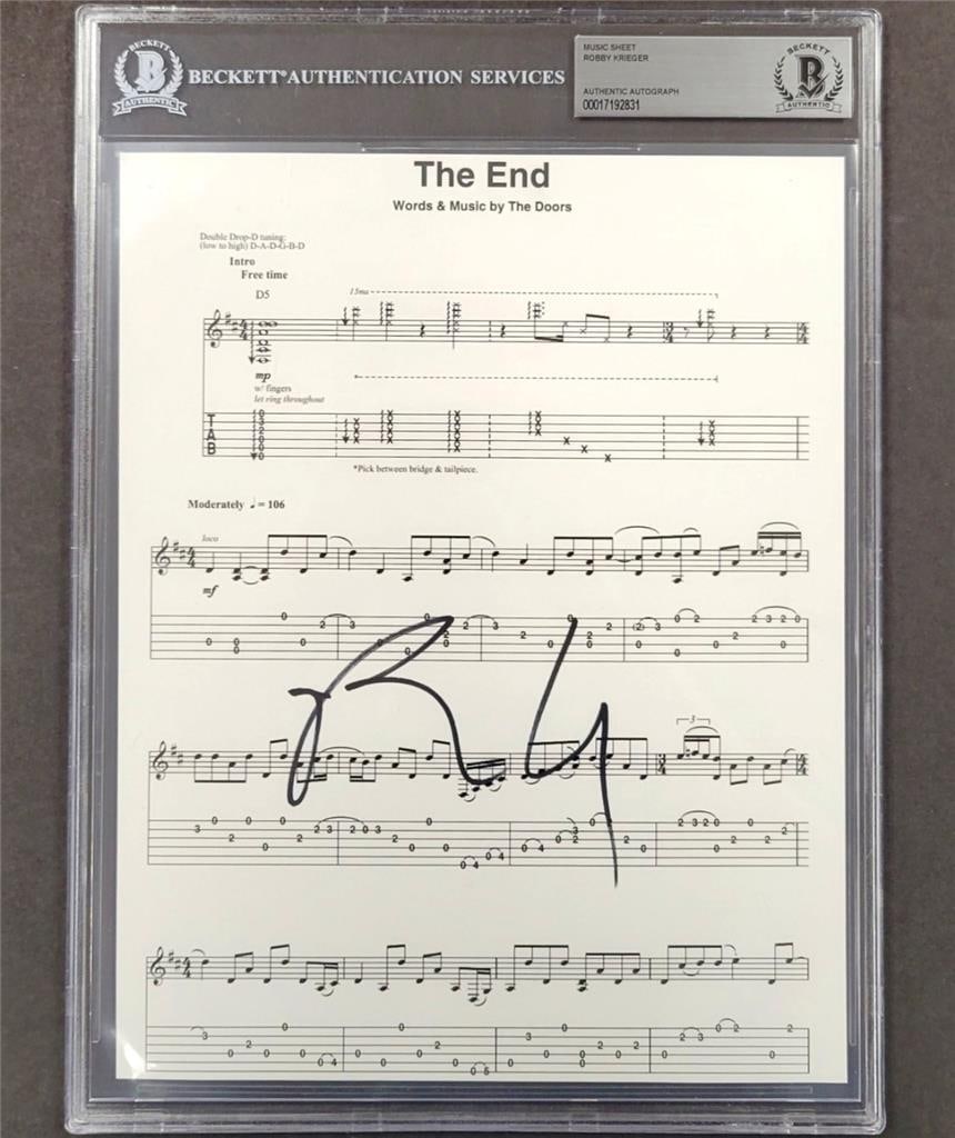 Robby Krieger Signed 8x10 The End Lyric Sheet The Doors Beckett: Robby Krieger Signed 8x10 The End Lyric Sheet The Doors Beckett This is an original 8x10 lyric sheet of 'The End' by The Doors, signed by guitarist Robby Krieger. Authenticated by Beckett, this collec