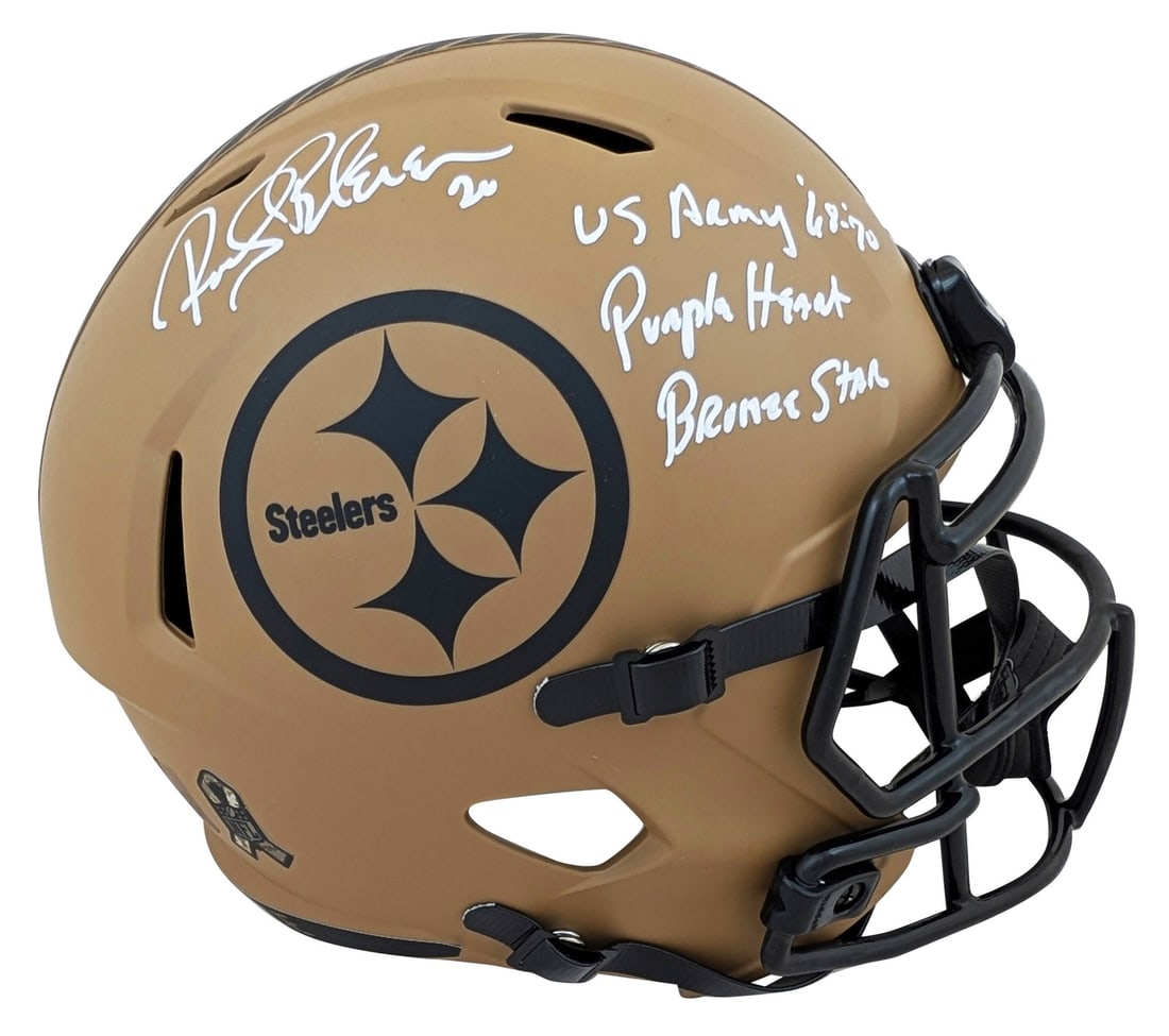 Rocky Bleier Signed Steelers Salute To Service II Helmet BAS Authenticated: Rocky Bleier Signed Steelers Salute To Service II Helmet BAS Authenticated This authentic Pittsburgh Steelers helmet is a must-have for any fan or collector. The Riddell Full Size Speed Replica Helmet