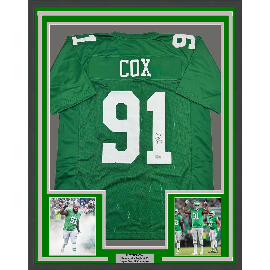 Framed Fletcher Cox Signed Jersey Philadelphia Eagles BAS COA 35x39: Framed Fletcher Cox Signed Jersey Philadelphia Eagles BAS COA 35x39 This professionally framed and matted item features an authentic autographed Kelly Green jersey of NFL player Fletcher Cox from the