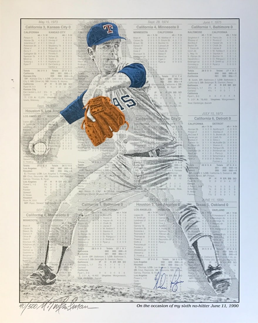 Nolan Ryan 6th No Hitter Signed Lithograph by Murray Tinkerman Limited Edition 40/500 (1 of 3)