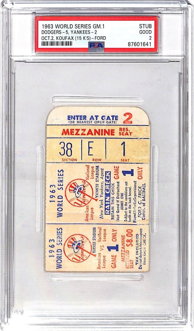 1963 World Series Game 1 Ticket Yankees Dodgers Koufax 15 K's PSA 2 (1 of 3)