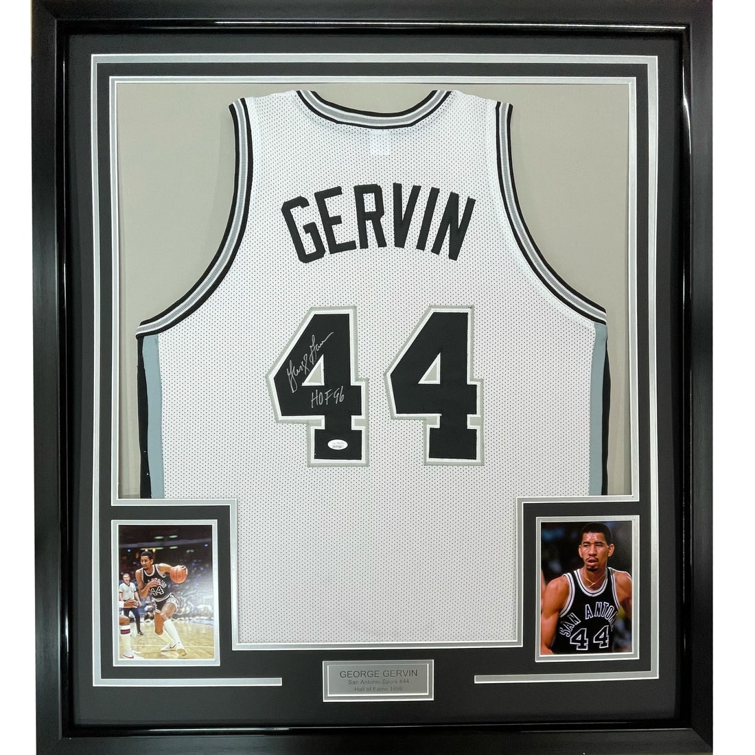 Framed Autographed George Gervin Jersey 33x42 JSA COA NBA HOF: Framed Autographed George Gervin Jersey 33x42 JSA COA NBA HOF Celebrate the legacy of George Gervin with this professionally framed and autographed white jersey. Measuring 33"x42", this stunning piece