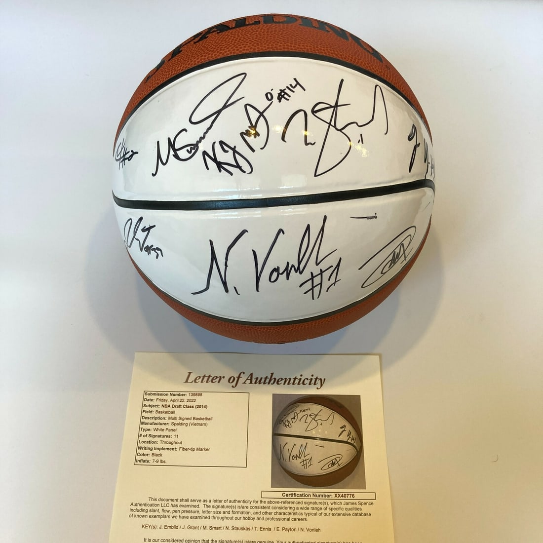 2014 NBA Draft Class Multi Signed Basketball with JSA COA: 2014 NBA Draft Class Multi Signed Basketball with JSA COA This authentic basketball features the signatures of notable players from the 2014 NBA Draft class, including Joel Embiid, Noah Vonleh, Gary S