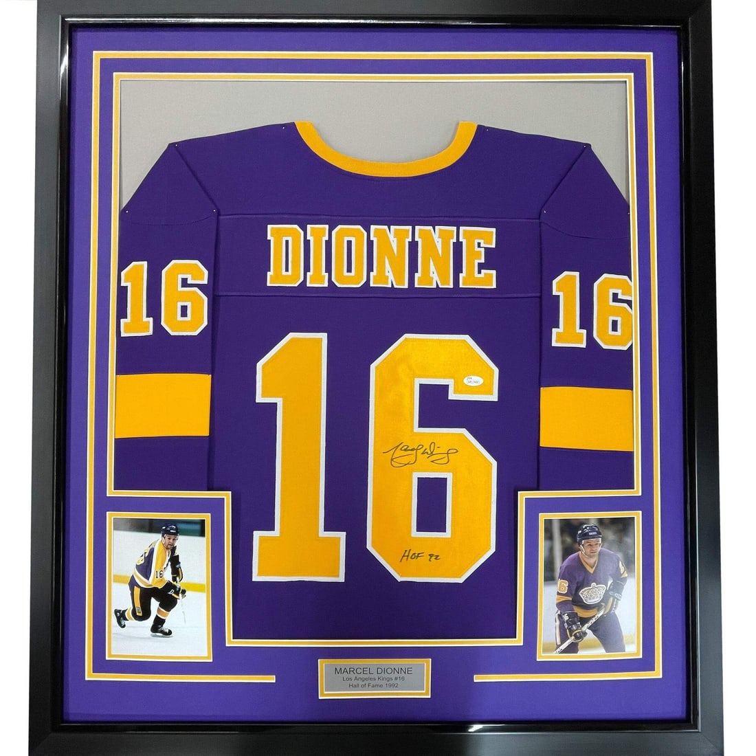 Framed Autographed Marcel Dionne HOF 1992 Jersey LA Kings JSA COA: Framed Autographed Marcel Dionne HOF 1992 Jersey LA Kings JSA COA Celebrate the legacy of hockey legend Marcel Dionne with this professionally framed and matted autographed jersey. This original piece